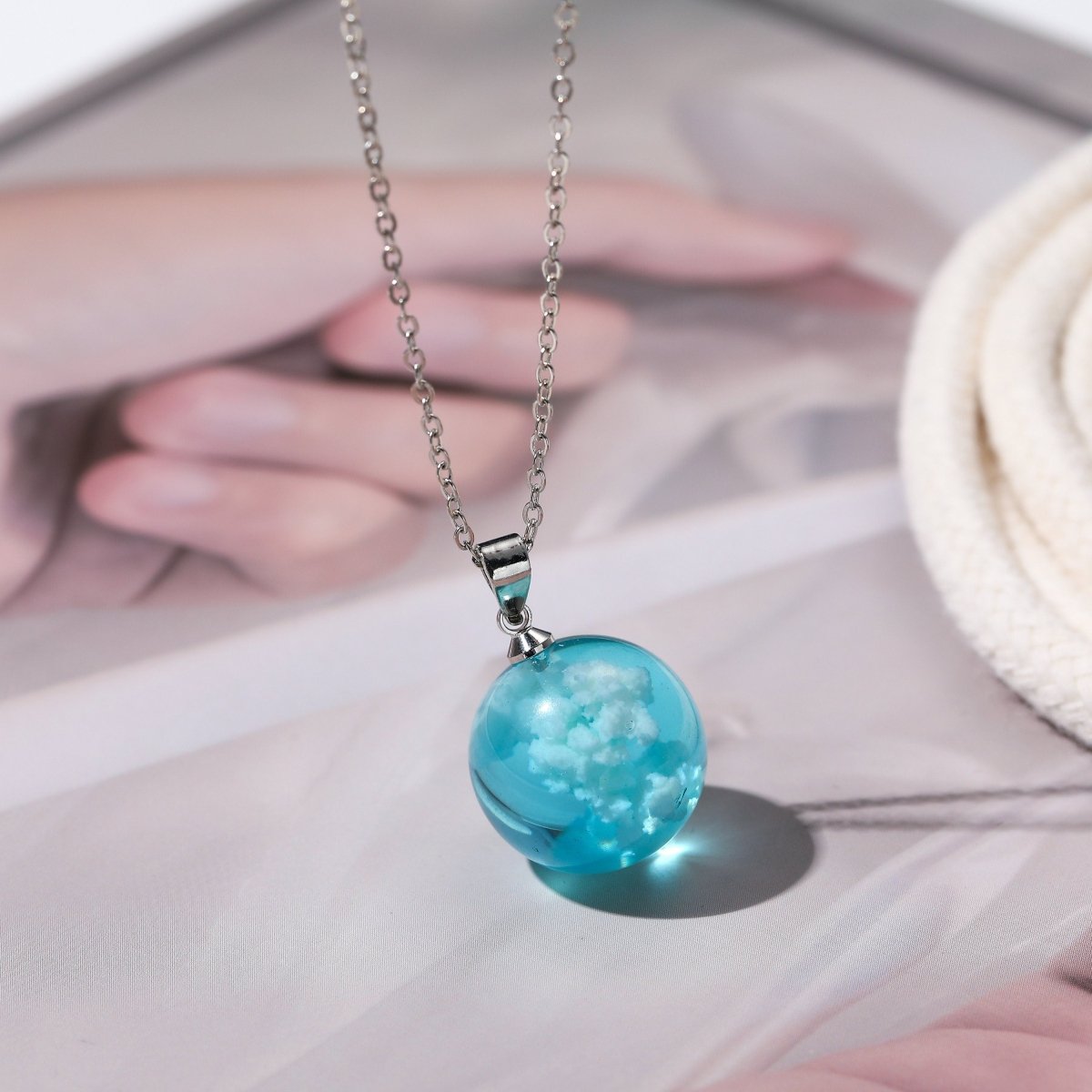 Cloudy Sky w/Bird & Blue Resin Sphere Necklace Pendant White Clouds
