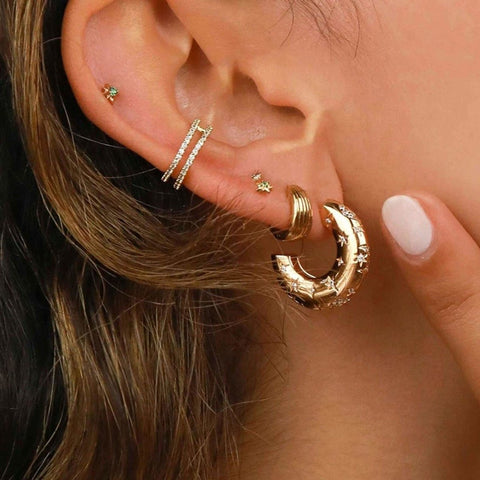 Dome Hoops, Chunky Gold Hoops Huggie Earrings, Piercing Gold Moon Earrings, Classic Unusual Jewelry Astronomy Solid Gold Huggie Gift For Her - Froppin