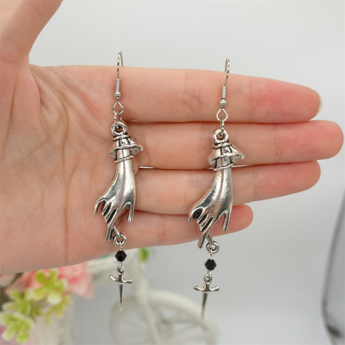 Hand Stabbing Dagger Earrings, Shining Sword Earrings, Small Knife Dagger  In Hands Earrings, Gothic Stone Earrings Silver Minimalist Jewelry