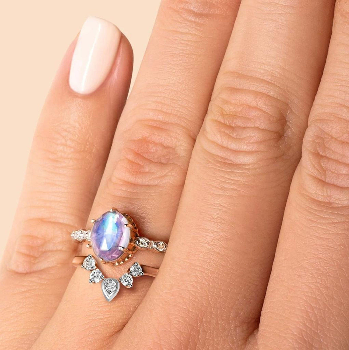 Oval Moonstone Ring, Rose Gold Ring, 925 Silver 18K Gold Wedding