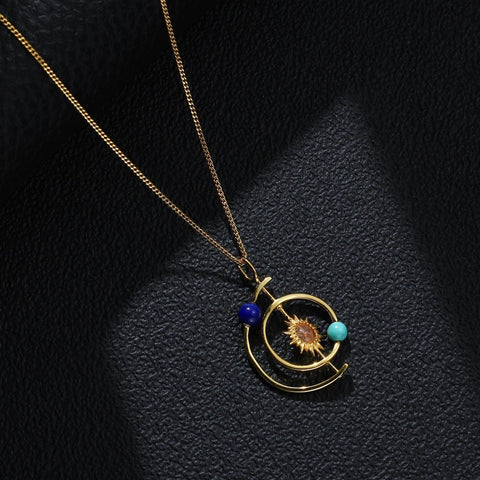 18k Gold Solar System Necklace Torquoise Stone Pendant - Froppin