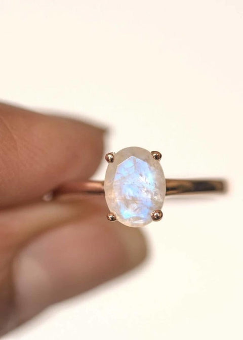 925 Silver Oval Moonstone Ring, Rose Gold Natural Raw Crystal Wedding Band, Rough Stone Promise Ring Large Rainbow Moonstone Gemstone Size 7 - Froppin