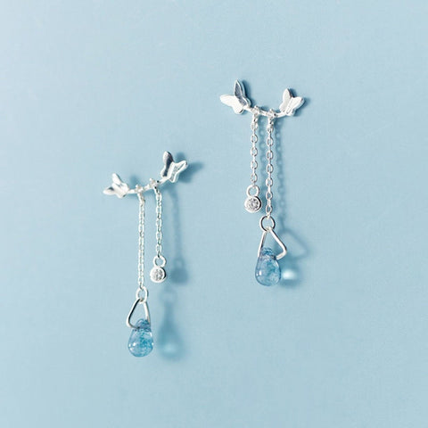 925 Sterling Silver Butterfly Infinity Dangle Earrings, Double Butterfly Clear Teardrop Water Dainty Earrings, Minimalist Tiny Stud Earrings - Froppin
