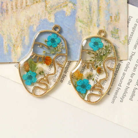 Abstract Face Earrings, Art Frame Dry Floral Earrings, Pressed Spring Flower Earrings, Gold Art Petal Earrings, Resin Earrings Boho Jewelry - Froppin