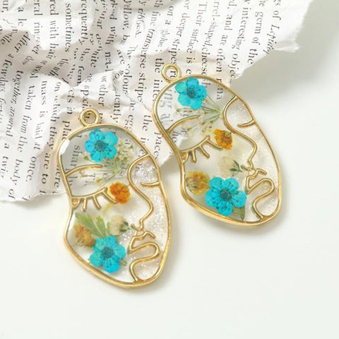 Abstract Face Earrings, Art Frame Dry Floral Earrings, Pressed Spring Flower Earrings, Gold Art Petal Earrings, Resin Earrings Boho Jewelry - Froppin