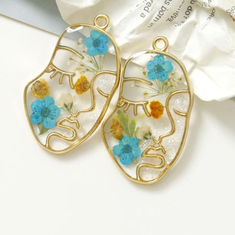 Abstract Face Earrings, Art Frame Dry Floral Earrings, Pressed Spring Flower Earrings, Gold Art Petal Earrings, Resin Earrings Boho Jewelry - Froppin