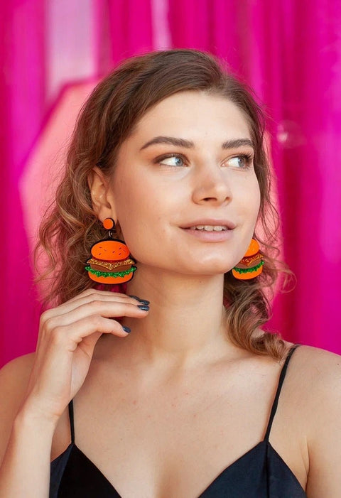 Acrylic Burger Sliders Stud Earrings, Big Slider Burger Earrings, Unusual Earring, Quirky Food Jewelry, Calorie-Friendly Diet Dangling Snack - Froppin