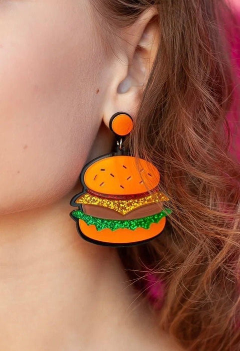Acrylic Burger Sliders Stud Earrings, Big Slider Burger Earrings, Unusual Earring, Quirky Food Jewelry, Calorie-Friendly Diet Dangling Snack - Froppin