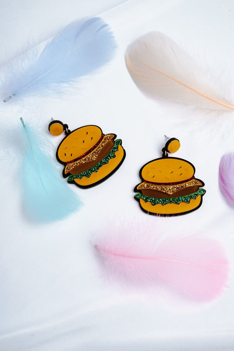 Acrylic Burger Sliders Stud Earrings, Big Slider Burger Earrings, Unusual Earring, Quirky Food Jewelry, Calorie-Friendly Diet Dangling Snack - Froppin