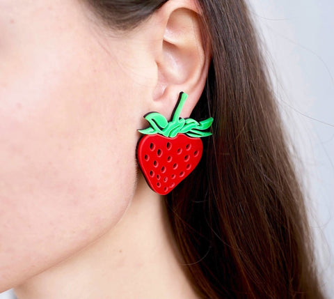 Acrylic Strawberry Large Stud Earrings, Creamy Strawberry Heart Stud, 3D Dangle Earring, Diet Earrings, Real Vegan Comfort Food Love Earring - Froppin