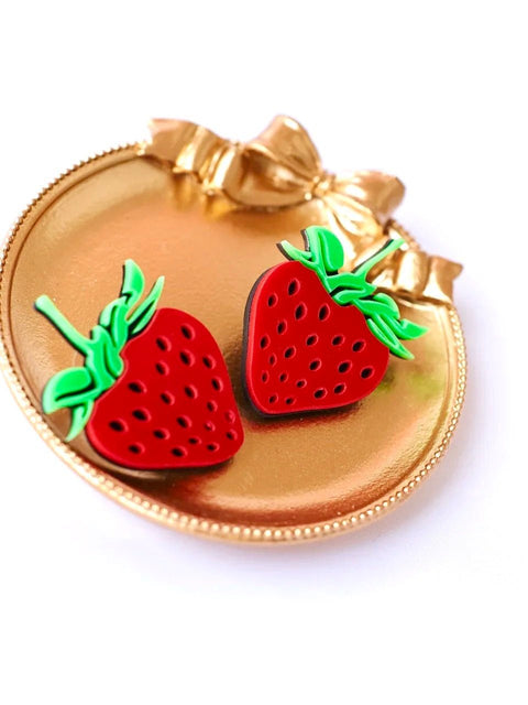 Acrylic Strawberry Large Stud Earrings, Creamy Strawberry Heart Stud, 3D Dangle Earring, Diet Earrings, Real Vegan Comfort Food Love Earring - Froppin