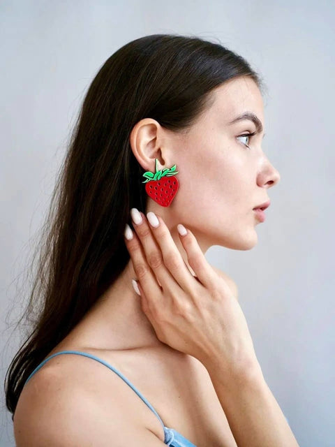 Acrylic Strawberry Large Stud Earrings, Creamy Strawberry Heart Stud, 3D Dangle Earring, Diet Earrings, Real Vegan Comfort Food Love Earring - Froppin