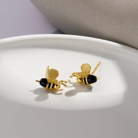 Agate Honeybee Stud Earrings, Gold Studs Gemstone Earrings, Birthstone Earrings, Insect Bee Lover Animal Minimalist Jewelry Beehive Earrings - Froppin