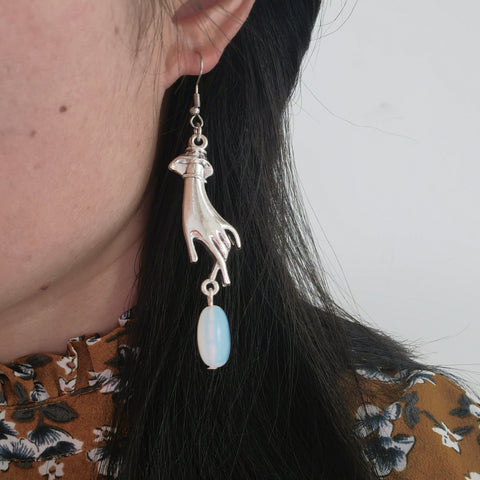 Alien Rainbow Earrings, Outer Solar Space Earrings, Silver Hands Earrings, Iridescent Crystal Earrings, Wrist In Airspace Raw Stone Earrings - Froppin