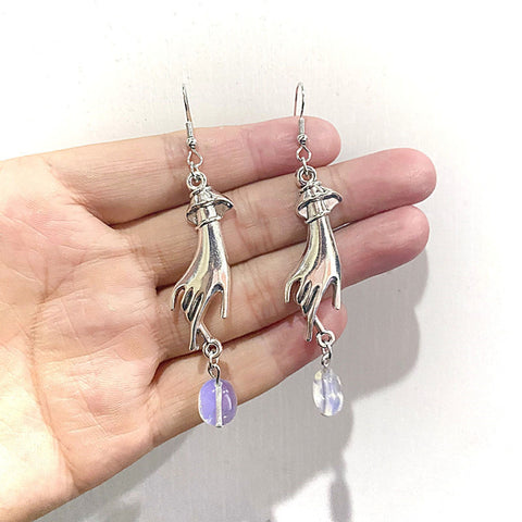 Alien Rainbow Earrings, Outer Solar Space Earrings, Silver Hands Earrings, Iridescent Crystal Earrings, Wrist In Airspace Raw Stone Earrings - Froppin