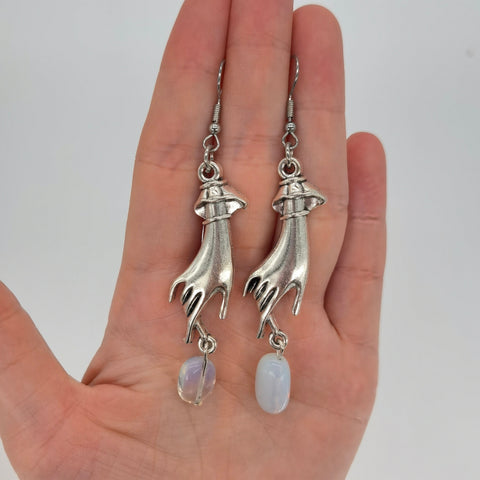 Alien Rainbow Earrings, Outer Solar Space Earrings, Silver Hands Earrings, Iridescent Crystal Earrings, Wrist In Airspace Raw Stone Earrings - Froppin