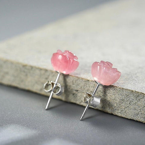 Amethyst Rose Quartz Crystal Flower Earrings, Rose Stone Earring Tiny Silver Studs, Gemstone Earring Birthstone Jewelry Floral Stud Earrings - Froppin