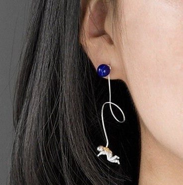 Astronaut In 18K Gold Space Suit Black Hole Studs, Cosmic Expedition Realistic Outer Space Explore Moon Astrology Sterling Silver Earrings - Froppin