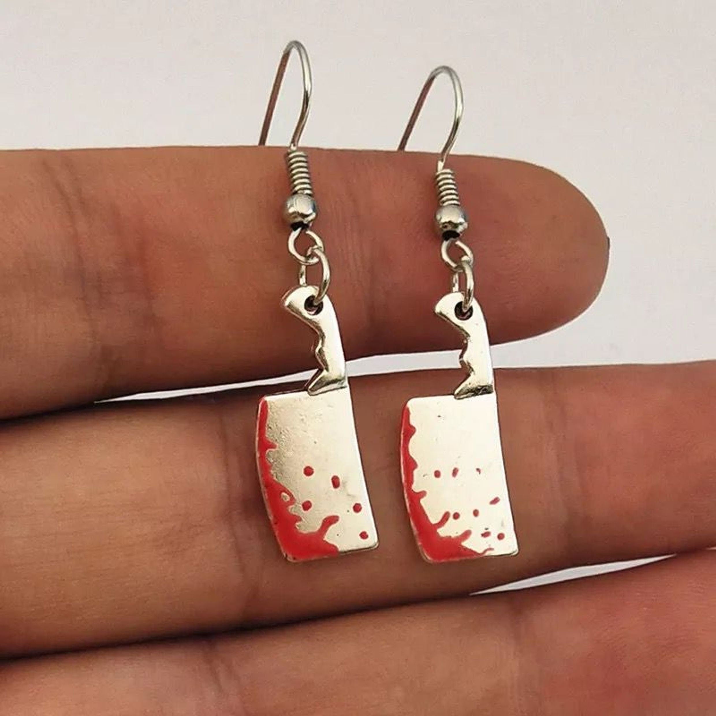 Blood Drops Butcher Knife Earrings, Femme Fatale Dangle Earrings, Silver  Cutter Blade Knives, Family Woman Blood Dripping Danger Fun Earring