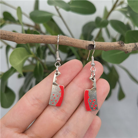 Blood Drops Butcher Knife Earrings, Femme Fatale Dangle Earrings, Silver Cutter Blade Knives, Family Woman Blood Dripping Danger Fun Earring - Froppin