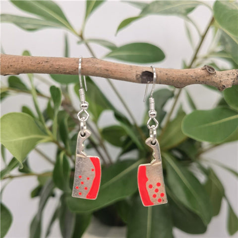 Blood Drops Butcher Knife Earrings, Femme Fatale Dangle Earrings, Silver Cutter Blade Knives, Family Woman Blood Dripping Danger Fun Earring - Froppin