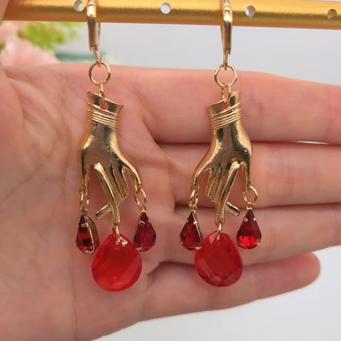 Blood On Your Hands Earrings, Crystal Love Drops Earrings, Stone Blood Drop Earrings, Bleeding Hand Dripping Stranger Danger Crystal Earring - Froppin