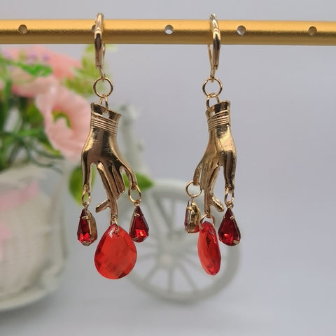 Blood On Your Hands Earrings, Crystal Love Drops Earrings, Stone Blood Drop Earrings, Bleeding Hand Dripping Stranger Danger Crystal Earring - Froppin