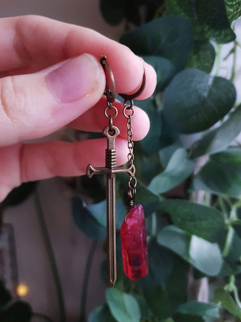 Blood Raw Crystal Earrings, Red Rough Stone Earrings, Minimalist Jewelry, Gothic Sword Earrings, Grim Reaper Earrings, Femme Fatale Earrings - Froppin