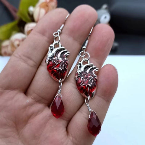 Bloody Heart Earrings Anatomical Earrings, Silver Crystal Earrings Gothic Earrings Teardrop Earrings, Femme Fatale Blood Earrings Birthstone - Froppin