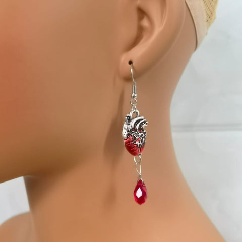 Bloody Heart Earrings Anatomical Earrings, Silver Crystal Earrings Gothic Earrings Teardrop Earrings, Femme Fatale Blood Earrings Birthstone - Froppin