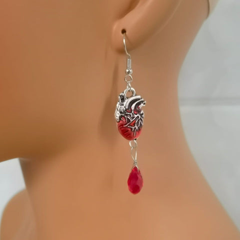 Bloody Heart Earrings Anatomical Earrings, Silver Crystal Earrings Gothic Earrings Teardrop Earrings, Femme Fatale Blood Earrings Birthstone - Froppin