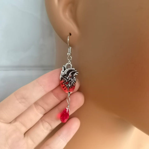 Bloody Heart Earrings Anatomical Earrings, Silver Crystal Earrings Gothic Earrings Teardrop Earrings, Femme Fatale Blood Earrings Birthstone - Froppin