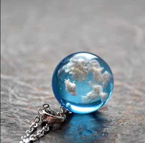 Blue Cloudy Sky Sphere Pendant Terrarium Dream Designer Necklace Circle charm Nature inspired - Froppin