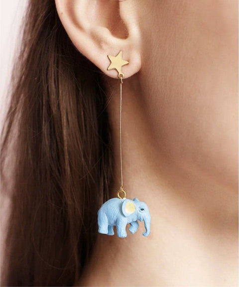 Blue Elephant Golden Star Dangle Earrings - Froppin