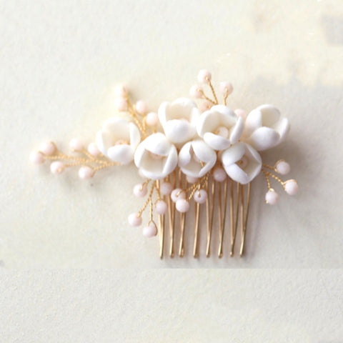 Bridal Flower Headband, Crystal Hairpiece, Floral Clay Hairband, Bridal Hair Comb, Pearl Headband, Bridesmaid Wedding Jewelry Hair Accessory - Froppin