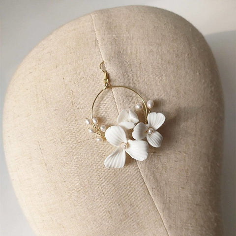 Bridal Flower Hoop Earrings, White Petal Flower Earrings - Froppin