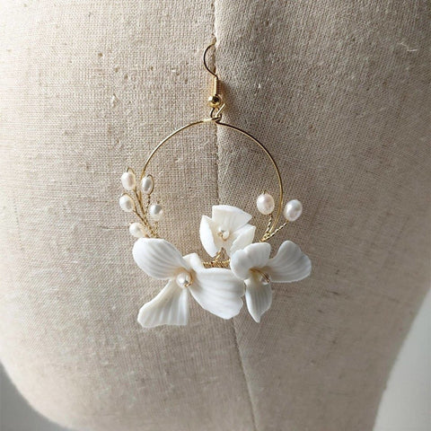 Bridal Flower Hoop Earrings, White Petal Flower Earrings - Froppin