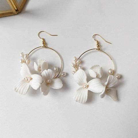 Bridal Flower Hoop Earrings, White Petal Flower Earrings - Froppin