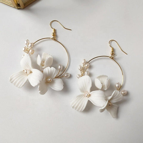 Bridal Flower Hoop Earrings, White Petal Flower Earrings - Froppin