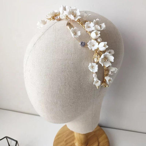 Bridal Hair Comb, White Flower Hairband, Pearl Wedding Hair Comb, Crystal Headpiece Bridal Clay Headband, Vintage Hairband Wedding Hairpiece - Froppin
