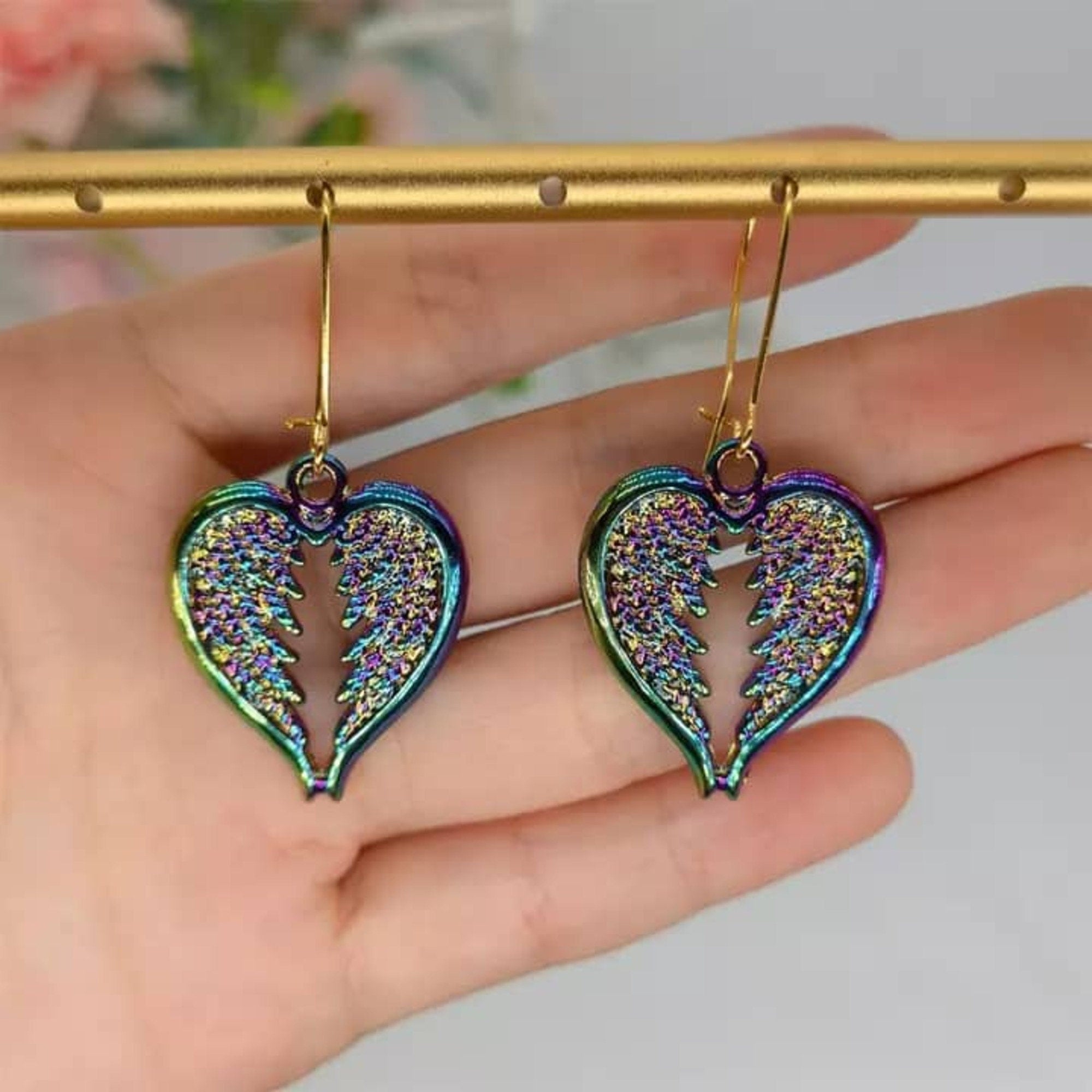 Broken Heart Earrings Love Bug Earrings Cute Earrings Gothic Earrings  Iridescent Earrings Dainty Earrings Tiny Rainbow Earrings Gift For Her