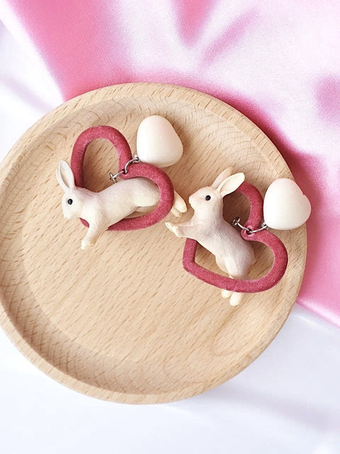 Bunny Cruelty Free Pink Heart Pet Lover Animal Cute Velvet Rabbit Earrings - Froppin