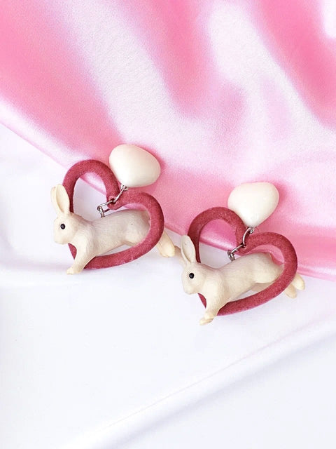 Bunny Cruelty Free Pink Heart Pet Lover Animal Cute Velvet Rabbit Earrings - Froppin