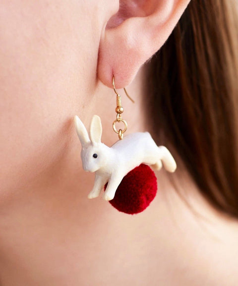 Bunny Light Weight Heart Red Ball Earrings - Froppin
