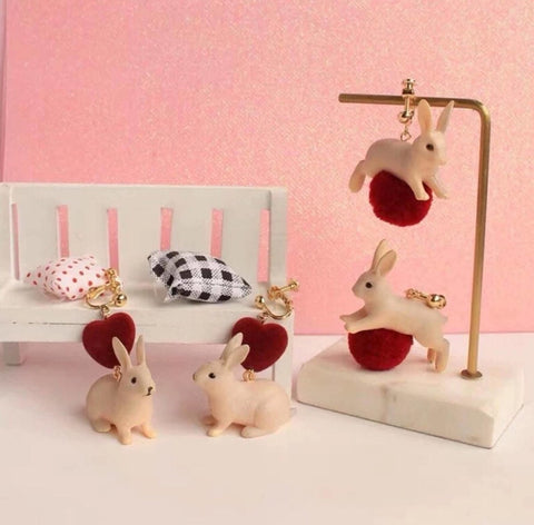 Bunny Light Weight Heart Red Ball Earrings - Froppin