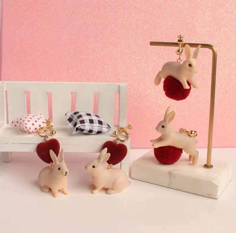 Bunny Realistic Cute Red Rabbit Heart Earrings - Froppin