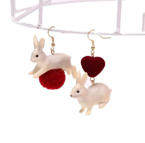 Bunny Realistic Cute Red Rabbit Heart Earrings - Froppin