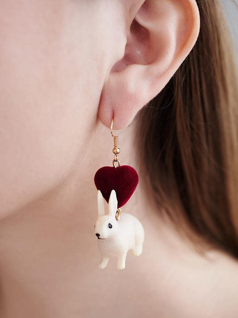Bunny Realistic Cute Red Rabbit Heart Earrings - Froppin