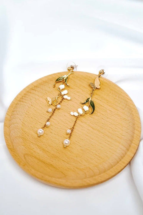 Butterfly And Lily Of The Valley Flower In Hoops Gold Long Nature Enchanted Earrings - Froppin