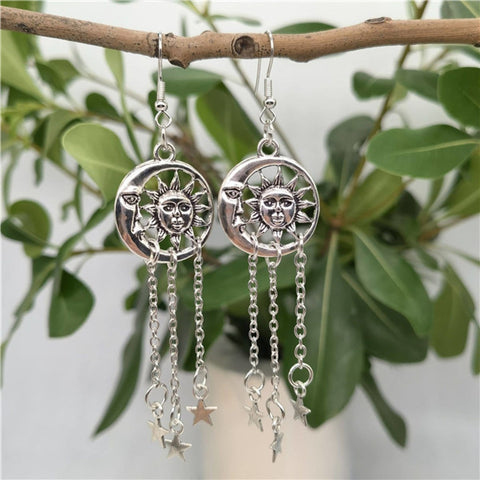 Celestial Astrology Earrings, Crescent Moon Earrings, Moon Face Earring Sun Earrings, Star Charm Sun Moon Love Cycle Of Life Circle Earrings - Froppin